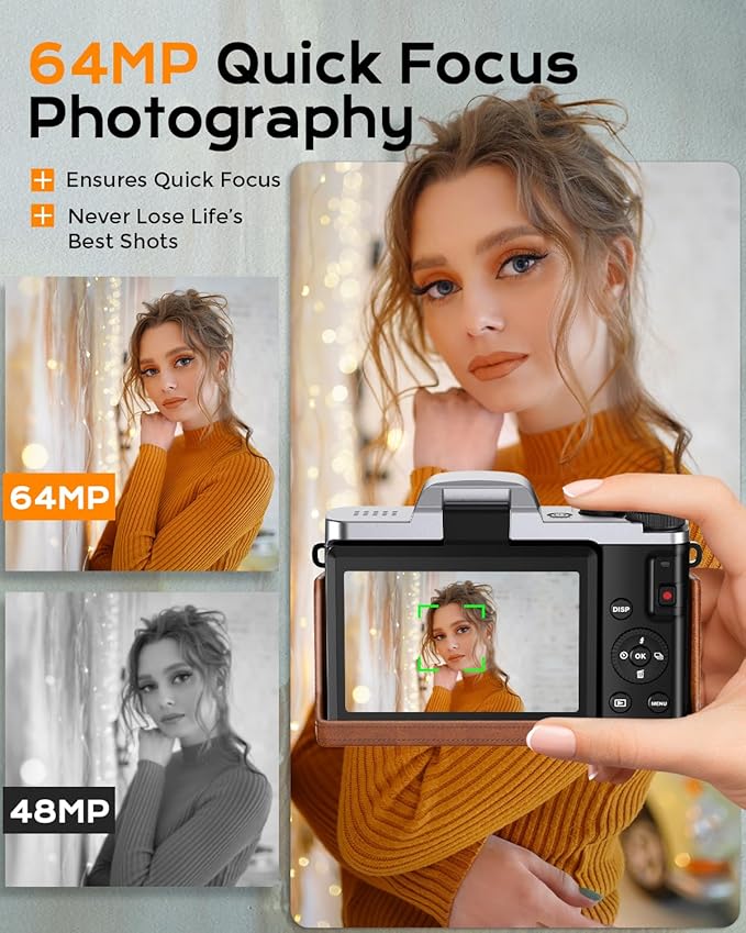 4K Digital Camera for Photography Autofocus, 64MP WiFi Vlogging Camera for YouTube with 3'' 180° Flip Screen,16X Zoom Anti-Shake, 32GB Card, Compact Travel Point and Shoot Digital Cameras (Brown)