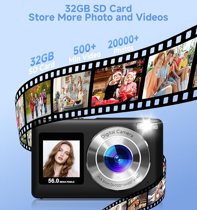Digital Camera, 2026 Upgraded 56MP Camera with Selfie Screen, Dual Screens Digital Cameras with Smile Capture Anti Shake, Portable Vlogging Cameras with 32GB Memory Card for Kids Teens Girls