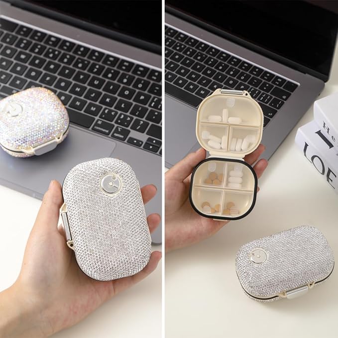 Sparkly Diamond Daily Pill Organizer 7 Compartments Portable Moisture Proof Small Pill Case for Pocket Purse Travel Pill Box Portable Medicine Vitamin Fish Oil Holder Container (White Oblong)