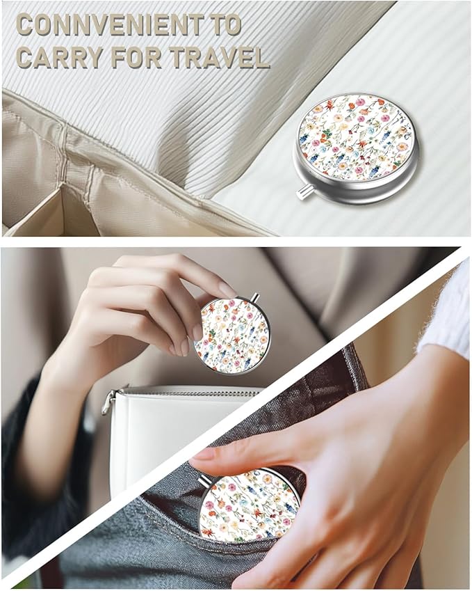 Pill Box, 3 Compartment Portable Travel Medicine Box with Mirror, Compact and Cute, Fits in Purse and Pocket, Medicine and Vitamin Organizer (Little Flower)