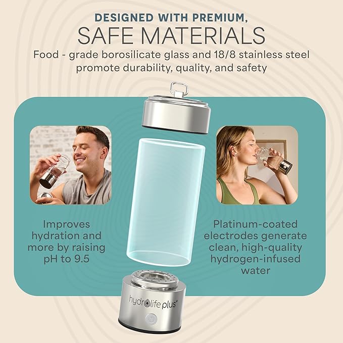Lifepro Hydrogen Water Bottle Generator with Ionizer & SPE/PEM Technology – HydroLife Plus Portable, Rechargeable Alkaline + Hydrogen Water Machine for Daily Wellness & Hydration – 14oz Capacity