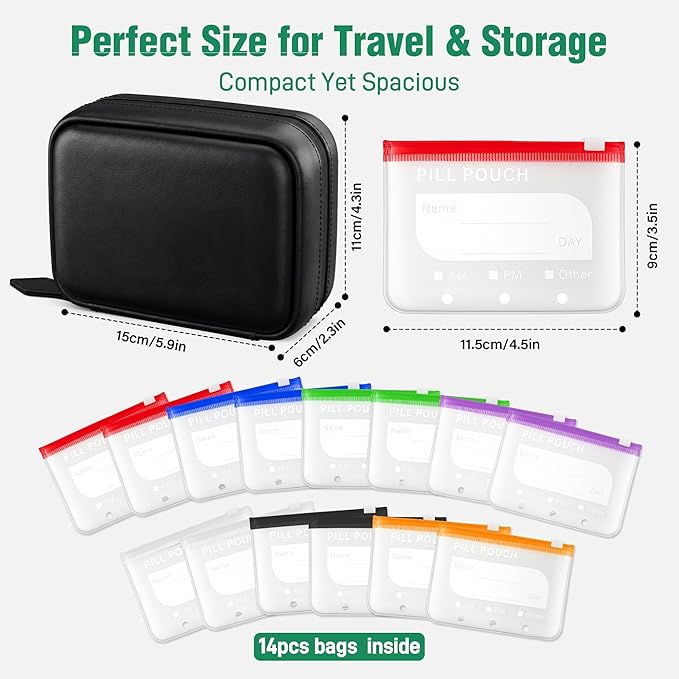 A8 Waterproof Pill Pouch Set, Large Weekly Pill Organizer with 14 Color-Coded Medicine Pouches, Reusable Travel Medicine Organizer, Zippered Pill Storage for Fish Oils, Vitamins（Black）