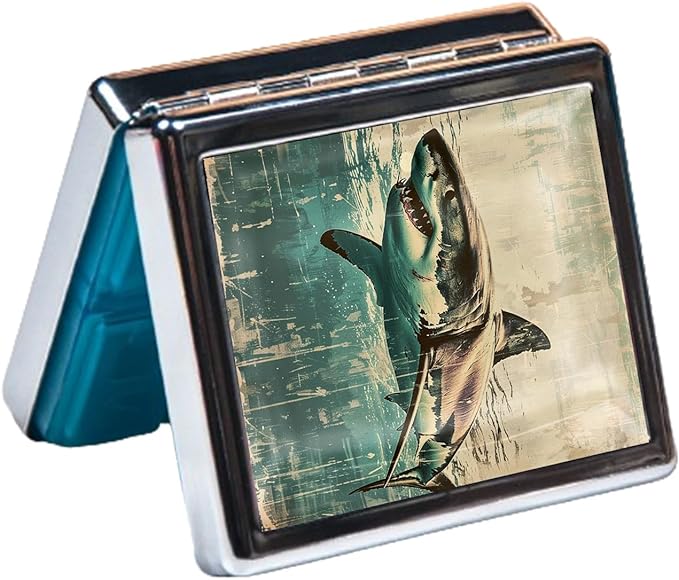 7 Days Chromed Shiny Silver Pill Organizer with Mirror Inside Has 8 Separate Compartments Rectangle 7 Days Pill Box Pill Case (Shark)