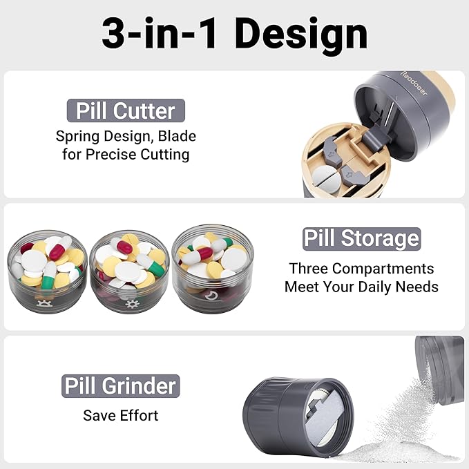 READAEER Pill Organizer, Pill Cutter, Pill Grinder, 3 in 1 Function Portable Pill Case for Trave（Gray