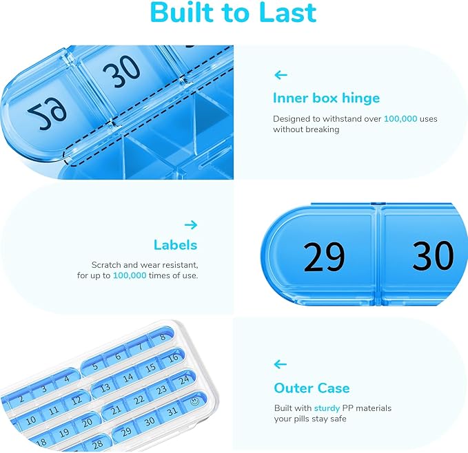 Colorwing 31-Day Premium Monthly Pill Organizer, 4 Weeks Travel Medicine Organizer with 32 Compartments for Daily/Month, 30 Day Pill Box Organizer, Portable Travel Pill Cases（Blue）