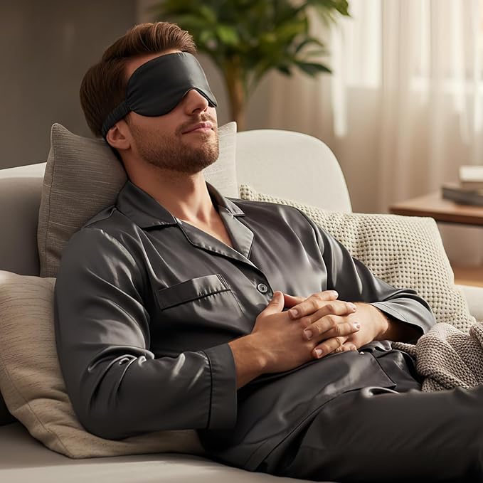 Luxury 22 Momme Mulberry Silk Eye Mask for Women Men Blindfold with Elastic Strap,100% Pure Silk Travel Eye Covers Light Blocking Lightweight Cooling Soft Night Eyeshade Sleep Masks,Black