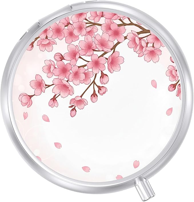 Round Pill Case Small Pill Box with Mirror Pocket 3 Compartment Vitamin Pill Medicine Case Organizer Pill Containers for Traveling Cherry Blossom