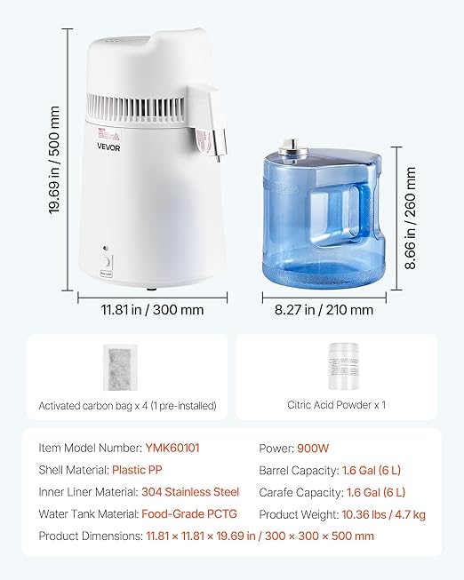 VEVOR Water Distiller, 6L/1.6 Gallon Large Distilled Machine, 900W Distilling Water Maker, 304 Stainless Steel Interior Stiller with Plastic Container, Countertop Distiller for Home, White