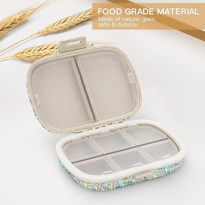 Soleebee Portable 8 Compartments Daily Pill Organizer, Bling Crystal Diamond Pill Box, Small Travel Pill Case, Pill Dispenser, Medicine Container Organizer to Hold Vitamin, Fish Oil (AB)