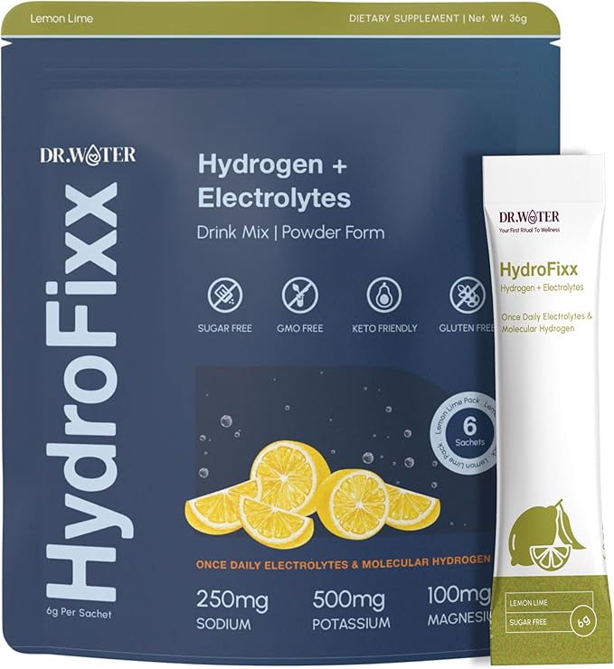 HydroFixx Hydrogen + Electrolytes Mix - Variety Pack | H2 Hydration with Molecular Hydrogen, Sodium, Potassium, Magnesium | LemonLime, MixBerry, Orange Caffeine | 6 Count (6, Lemon Lime)