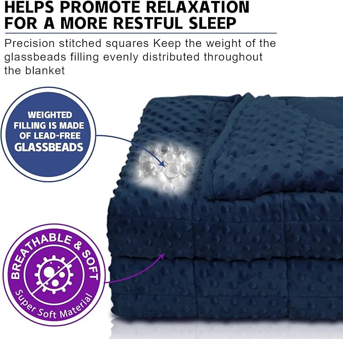 Weighted Blanket Twin 15lbs for Adult(48"×78",Navy Blue) Breathable Soft Minky Weighted Throw Blanket for All Season,Heavy Blanket with Premium Glass Beads
