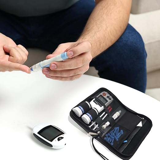 Glucose Monitor Case with Handle, Most Comprehensive Compact Glucose Meter Case fit Glucose Meter/Insulin Pen/Insulin Vial/Lancing Device/Test Strips/Needles/Syringe (Black)