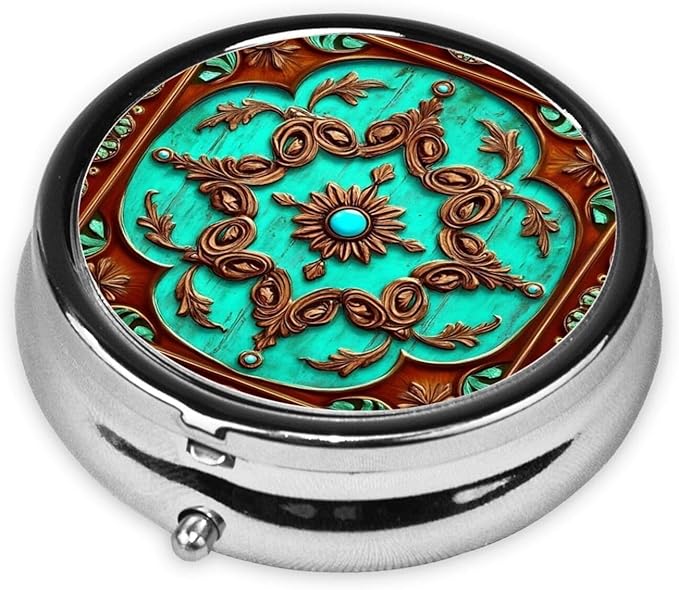 Small Pocket Pill Case, Daily Single Pill Box Organizer Portable for Purse Travel, One Day Mini Pill Container for Pills Vitamin Fish Oil Supplements (Rustic Brown Teal Western Country Tooled Leather)