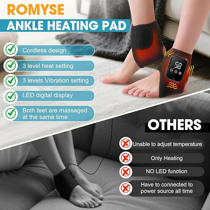 2-Pack Ankle Heating Pad, Cordless Ankle Massager with Heat, Heated Wraps for Foot & Ankle, 3 Heat & Vibration Settings, Auto Shut-Off, Gifts for Women Men
