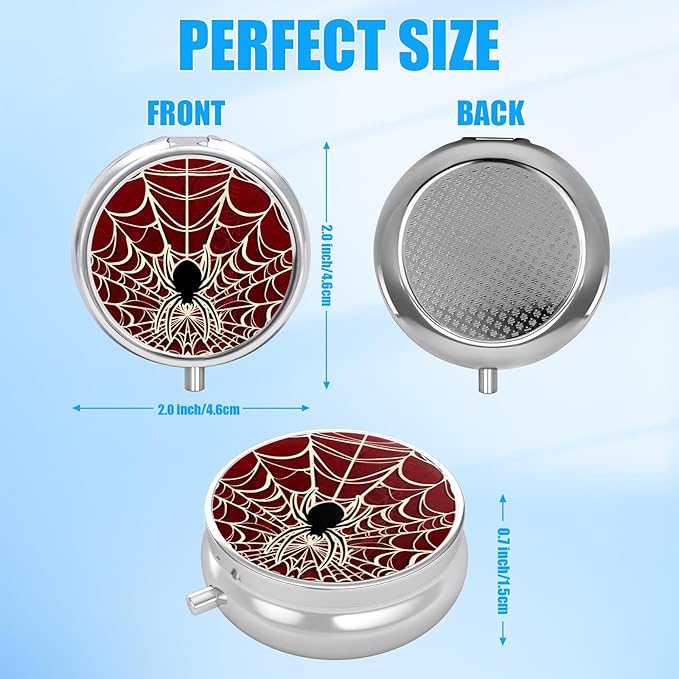 Red Spider Web Pill Case, Pill Box 3 Compartments Metal Small Pill Holder with Mirror Mini Travel Pill Container for Purse Pocket Women Men