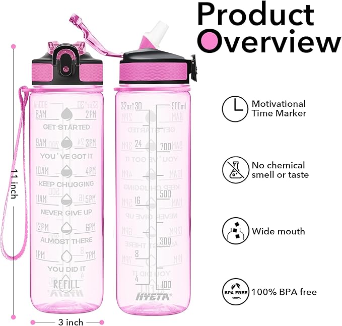 Hyeta 32 oz Water Bottles with Times to Drink and Straw, Motivational Water Bottle with Time Marker, Leakproof, Drinking Sports Water Bottle for Fitness, Gym and Outdoor