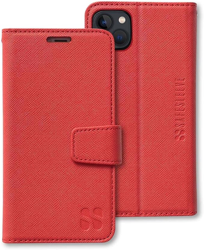 SafeSleeve Wallet Leather Case for iPhone 15 EMF Blocker for Cell Phone with 3 Card Holder & Adjustable Stand – Magnetic Closure, and Magnetic Folio Protection for Daily Use (Red)
