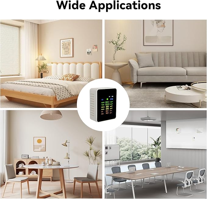 Air Quality Monitor,Indoor Air Quality Meters Detect AQI,CO2,CO,TVOC,HCHO,PM2.5,PM10 with WiFi and Date Display,Real Time Monitoring,Battery Powered,Home Air Test Kits (White)