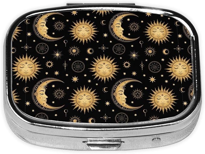 Small Pill Case Sun Crescent Moon Stars Astrology Tarot Cards, Travel Pill Organizer Pill Box Portable Medicine Organizer, Cute Pill Holder Container for Vitamin, Fish Oil