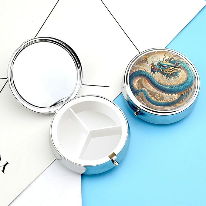 Dragon Pill Box Travel Pill Case for Purse Pocket Weekly Medicine Organizer with Mirror 3 Compartment Round Medicine Case Portable PillcaseHolder for Daily