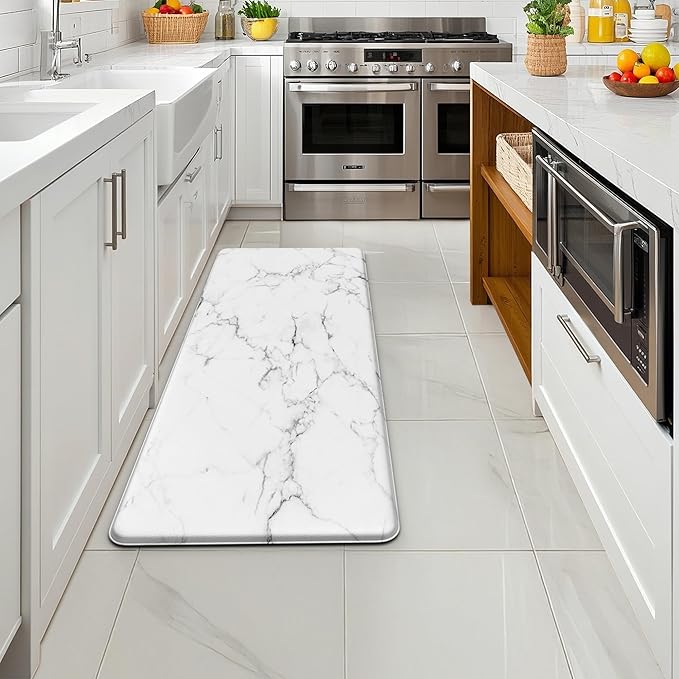 Marble White Kitchen Mats for Floor Anti Fatigue Mats for Kitchen Floor Kitchen Rugs Abstract Art Decorative Cushioned Non Slip Waterproof Mats for Office Bedroom Laundry, 17.3"x 47"