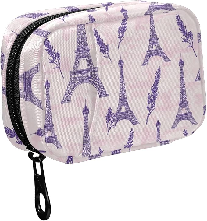 Fustylead Romantic Purple Eiffel Tower and Lavender Travel Pill Organizer Bag with Zipper Small Pill Box 7 Day Pill Case for Purse Storage Weekly Vitamin Medicine Supplement