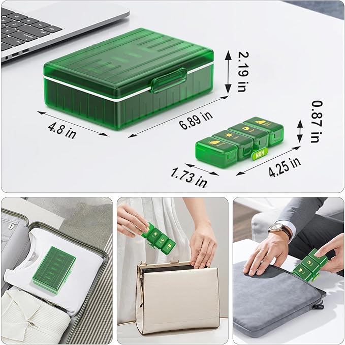 Weekly Pill Organizer 4 Times a Day, Large Compartments Pill Box 4X 7 Day, Medicine Organizer Pill Case for Pills/Vitamins/Fish Oils/Medication/Supplements (Green)