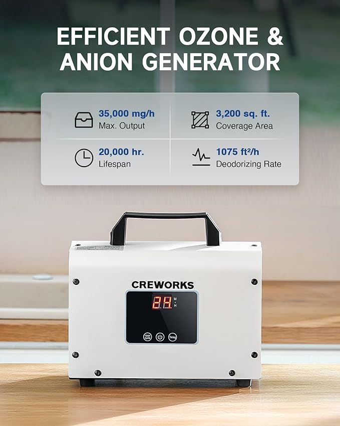 CREWORKS Digital Ozone Generator, 35000 mg/h High Capacity Ozone Machine for Car Home Smoke Pet Odor Removal, Commercial Ozone Odor Eliminator Air Purifier with Adjustable Settings for 3200 sq ft Room