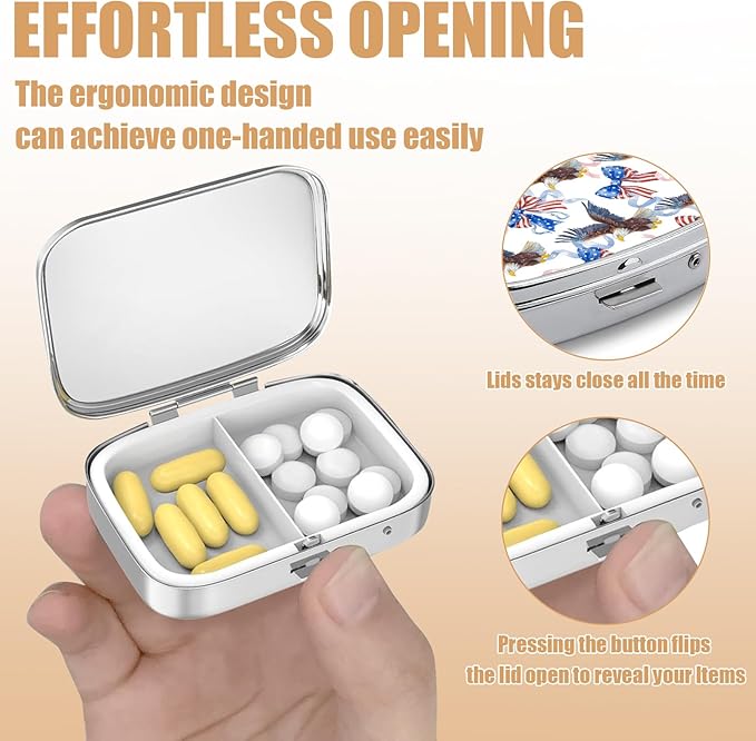 Pill Box-2 Compartment Small Pill Case Square Organizer Case with Mirror Portable Metal Medicine Box Travel Container for Pocket & Purse Women Men(Eagle Bow)