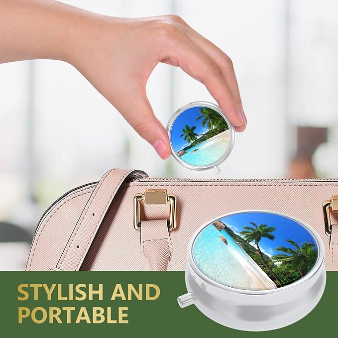 Nipichsha Pill Box, Small Pill Case for Purse & Pocket, Cute Travel Medicine Organizer, Portable Medicine Container Holder to Hold Vitamins, Medication, Fish Oil & Supplements, Happy Beach