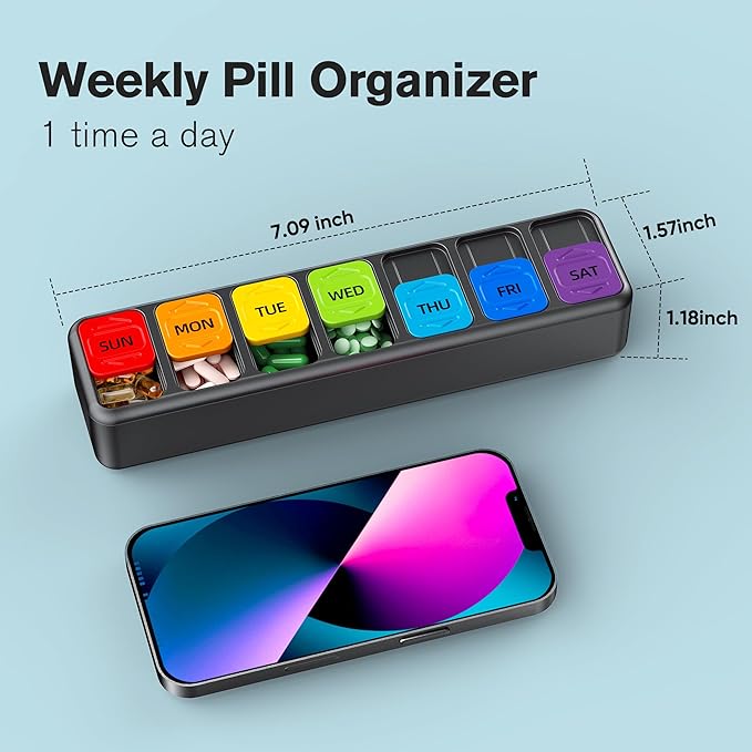 Restree Weekly Pill Organizer Once a Day, Daily Medicine Organizer with Slide-Lid, 7 Day Portable Travel Pill case, Vitamin & Supplement Organizer (Black)