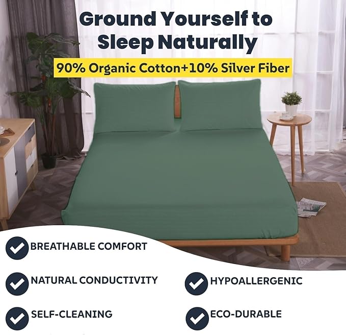 OKOHEY Grounding Fitted Sheets with 15ft Earthing Cord, Twin XL Size, 90% Organic Cotton + 10% Silver Fiber, Soft & Breathable Grounded Sheet for Better Sleep and Enhanced Wellness, Green