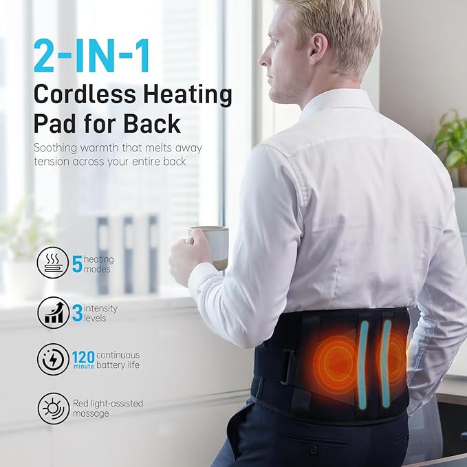 Cordless Heating Pad for Back, 47.2" Extendable Wearable Heating Pad with 3 Heat & Vibration Massage, 5000mAh Battery-Powered for Long Workdays & Cold Weather - Black