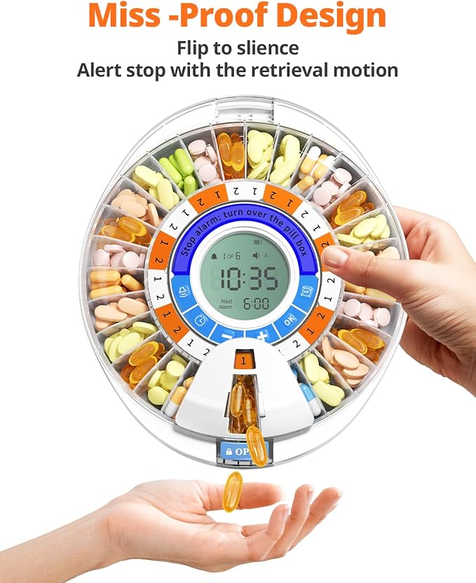 Betife 2nd Gen Automatic Pill Dispenser for Elderly with Alarm – 28 Slots, Key Locked, Alarm & Light Reminder, Mix-Proof, XL Display, 6 Dosage Rings，Easy Setup for Daily Medication （Organizer）