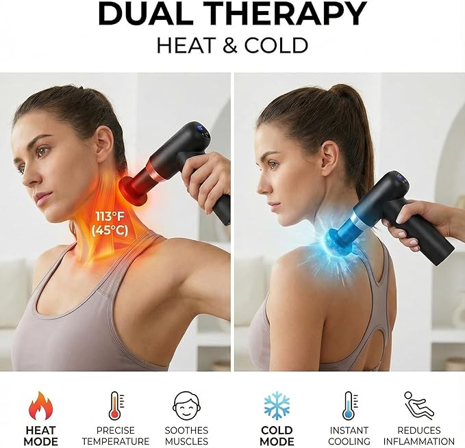 Hot and Cold Massage Gun - Detachable Extended Handle Massage Gun,Deep Tissue Massage Gun, Used for Relieving Pain in The Back/Muscles of The Neck/Body, with 6 Massage Heads, LCD Display