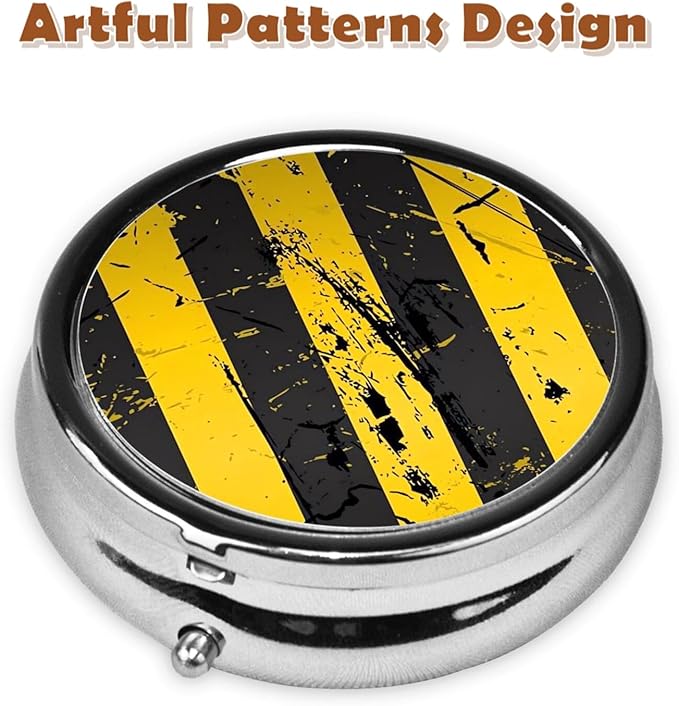 Metal Pill Organizer - 3-Compartment Mini Round Pill Case for Pocket & Purse, Portable Vitamin Holder, Easy-Open Design for Travel - Warning Line