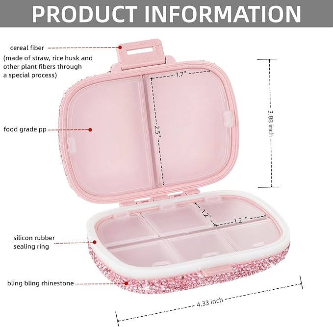Cute Pill Organizer Small Bling Pill Case for Purse Medicine Vitamin Container Holder Daily Pill Box Container for Women Travel Medicine Kit(Letter C Pink)