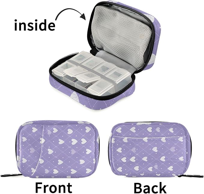 Diamond Grid Purple Hearts Travel Pill Organizer Case Box Container Weekly Portable Vitamin Medicine Holder Storage Bag with Zipper Removable