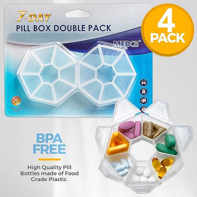 MEDca Weekly Pill Organizer Clear 7-Sided Pill Reminder, Round Shaped, Pack of 4