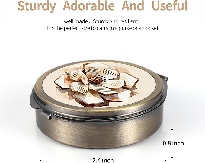 Dynippy Pill Case Pill Box with Mirror Pocket 3 Compartment Medicine Case Vitamin Pill Organizer for Pocket Purse and Travel (Round-Retro Art Flower)