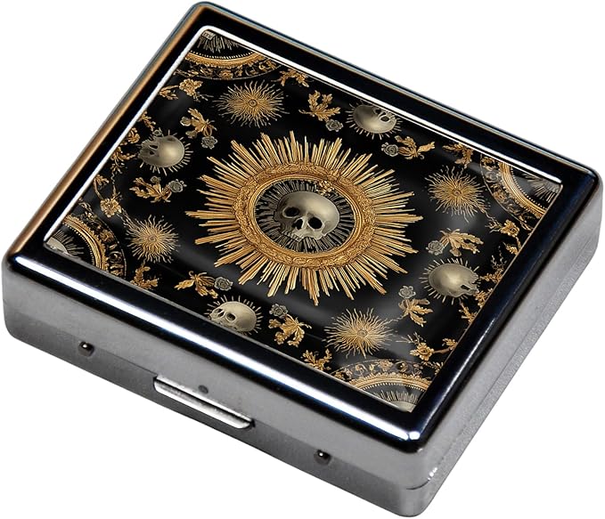 7 Days Chromed Shiny Silver Pill Organizer with Mirror Inside Has 8 Separate Compartments Rectangle,Versatile Storage for Medication - Ideal Travel Accessory (The Skeleton in the Center)