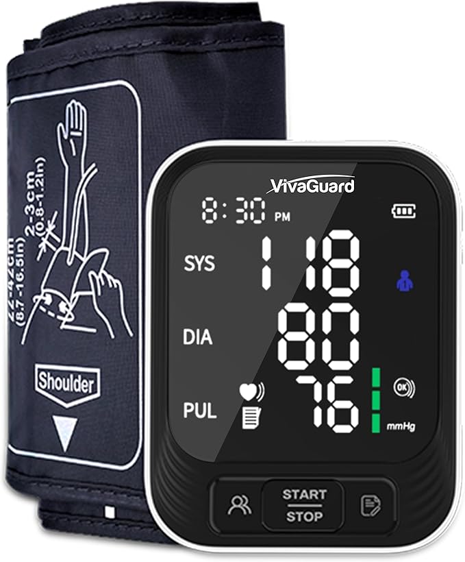 VivaGuard Blood Pressure Monitor for Home Use, Upper Arm Blood Pressure Cuff (8.7" - 16.5"), Automatic Digital BP Machine with Large LCD Backlit Display, 2 x 199 Memory, Carrying Case and Power Supply
