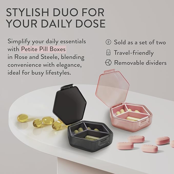 Petite Pill Box Set - Stylish, Compact Daily Pill Organizer, Medication Pill Case, Pill Container for Vitamin Management, Travel Essentials for Women/Men - Set of 2, Rose & Steele