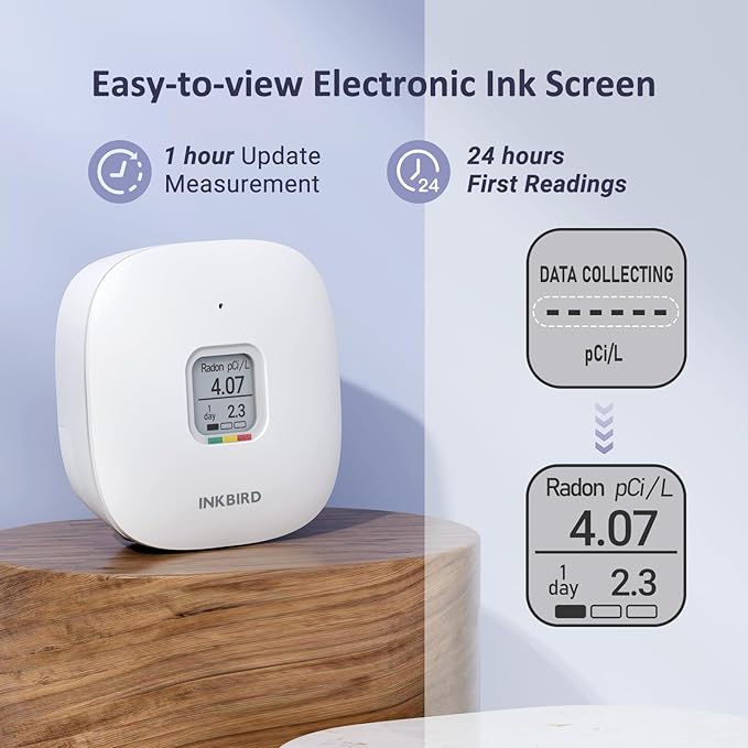 INKBIRD Radon Detector for Home, Ink-RD3 Portable Radon Tester for Home with Long & Short Term Monitoring, E-Ink Display & 2-Year Battery, Alpha Spectrometer Sensor, PCi/L & Bq/m³ Units Switchable