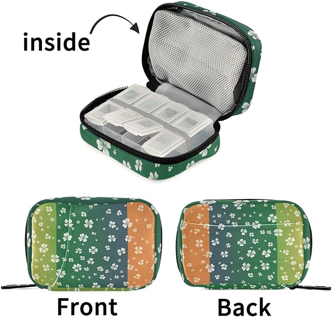 St. Patrick's Day Clovers Flag Green Travel Pill Organizer Case Box Container Weekly Portable Vitamin Medicine Holder Storage Bag with Zipper Removable