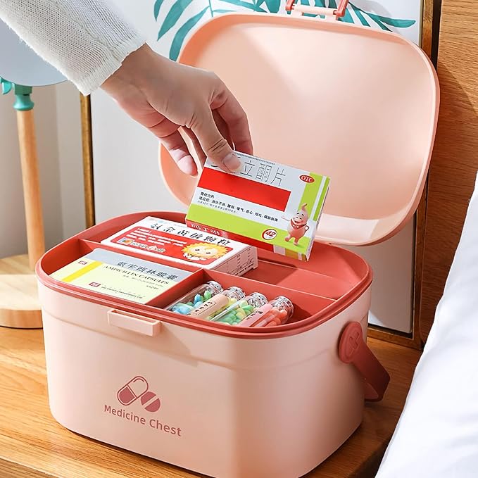 Cyrank First Aid Box, Empty Medicine Box Portable Medicine Container Organizer Storage Box 2 Layer Home First Aid Box for Home Office(Pink)