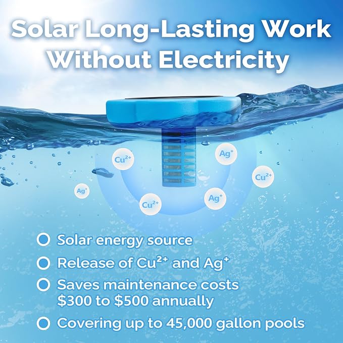 VINGLI Solar Pool Ionizer – Copper Pool Ionizer for Above Ground & Inground Pools up to 45,000 Gallons | Solar Ionizer for Pool with Efficient Water Clarification, 1-Year Warranty (Blue, Upgraded)