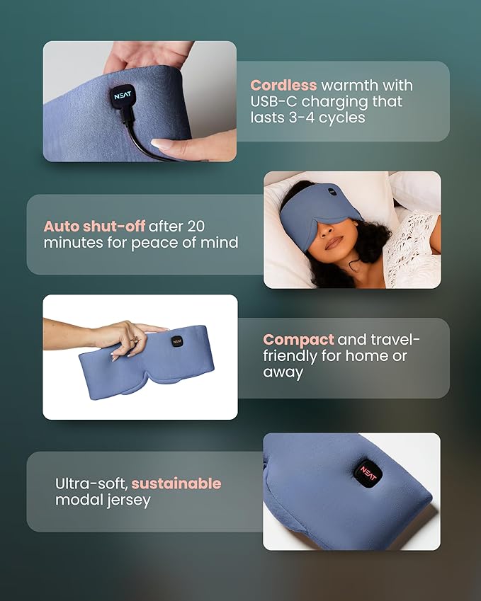 Heated Eye Mask - Cordless Eye Mask for Dry & Tired Eyes - 4 Adjustable Temperature Settings - Rechargeable and Light Blocking, Washable Cover for Cleaning (Ocean Stone)