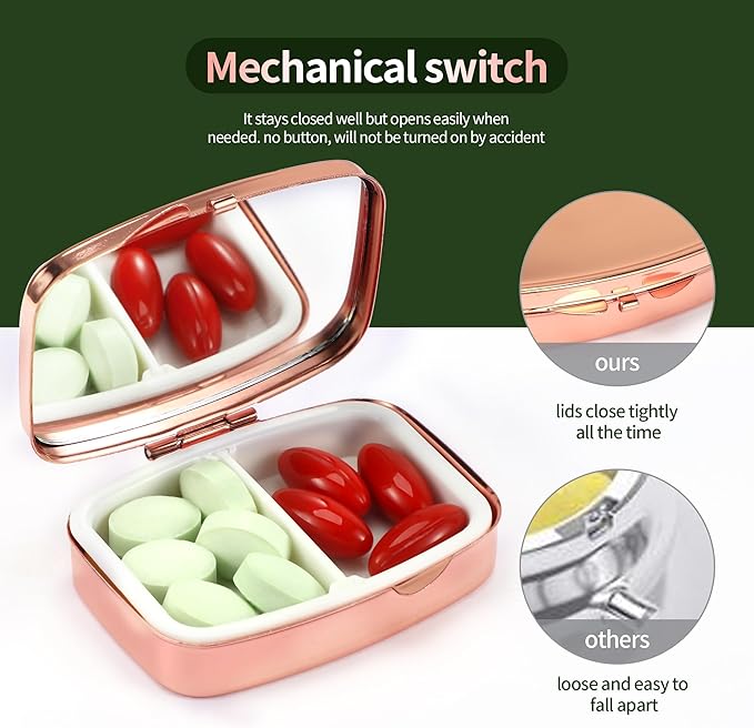 Dynippy Pill Case Pill Box with Mirror Retro Pocket 2 Compartment Medicine Case Vitamin Pill Organizer for Pocket Purse and Travel - Rose Gold-Peacock