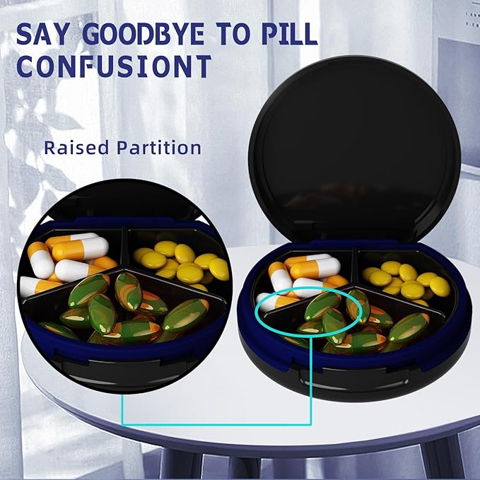 Serfeymi Small Pill Case for Purse, Unique Artistic Patterns Travel Pill Box with 4 Compartments, Portable Mini Pill Organizer for Pocket, Decorative Pill Container for Purse - Dark Blue(Logo)